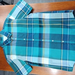 American Eagle Short Sleeve Button Down Shirt Green Blue Plaid Check